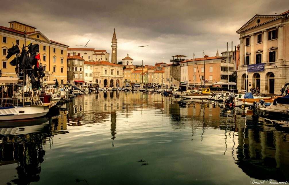 View of the Piran harbour on a cloudy day