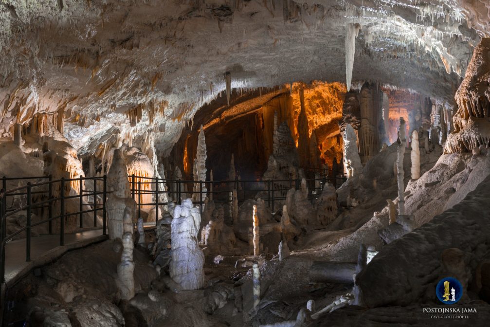 Stalagmites and stalactites inside the Postojna Cave in Slovenia