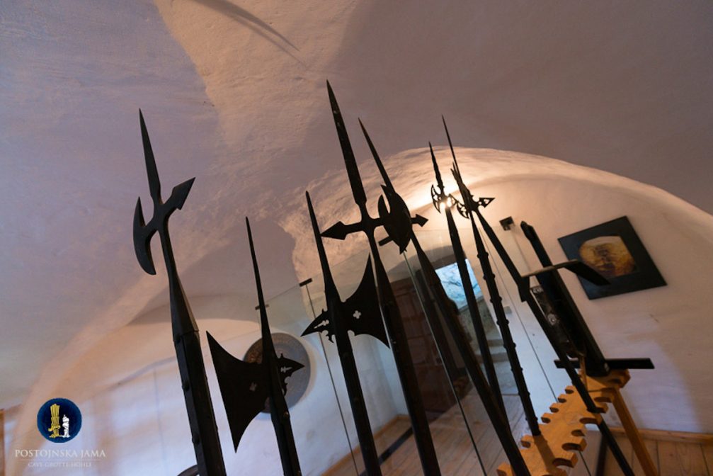 Spears on display in the museum inside the Predjama Castle in Slovenia