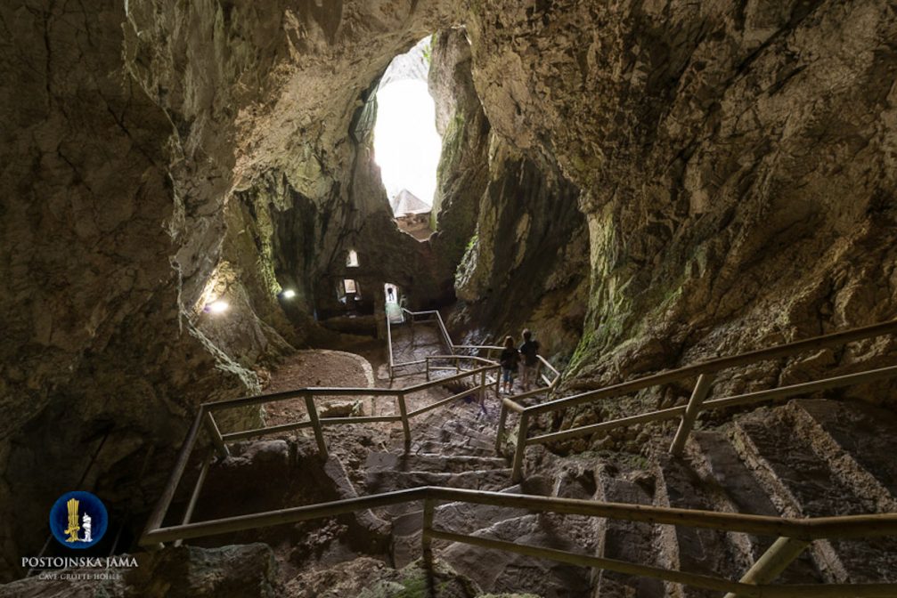 The cave interior with a stone staircase of the medieval Predjama Castle in Postojna, Slovenia