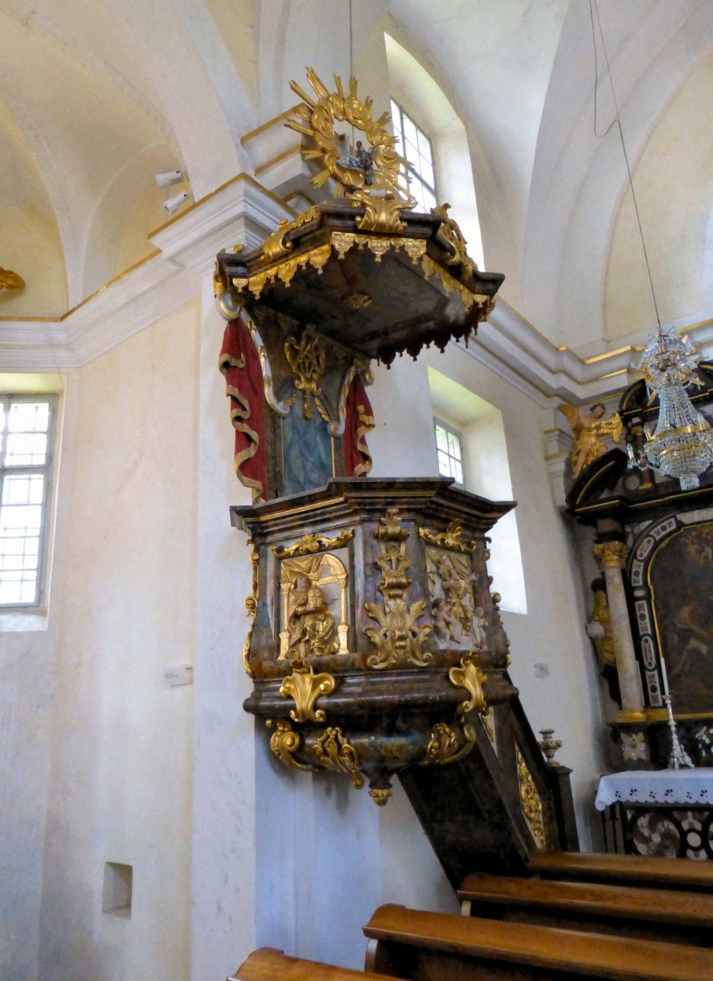 A lectern on the left side at Church of the Mother of God on the Lake