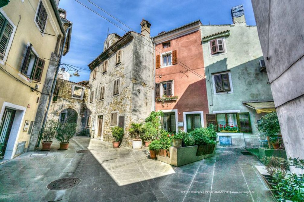 Residential houses in the old town centre in Izola, Slovenia