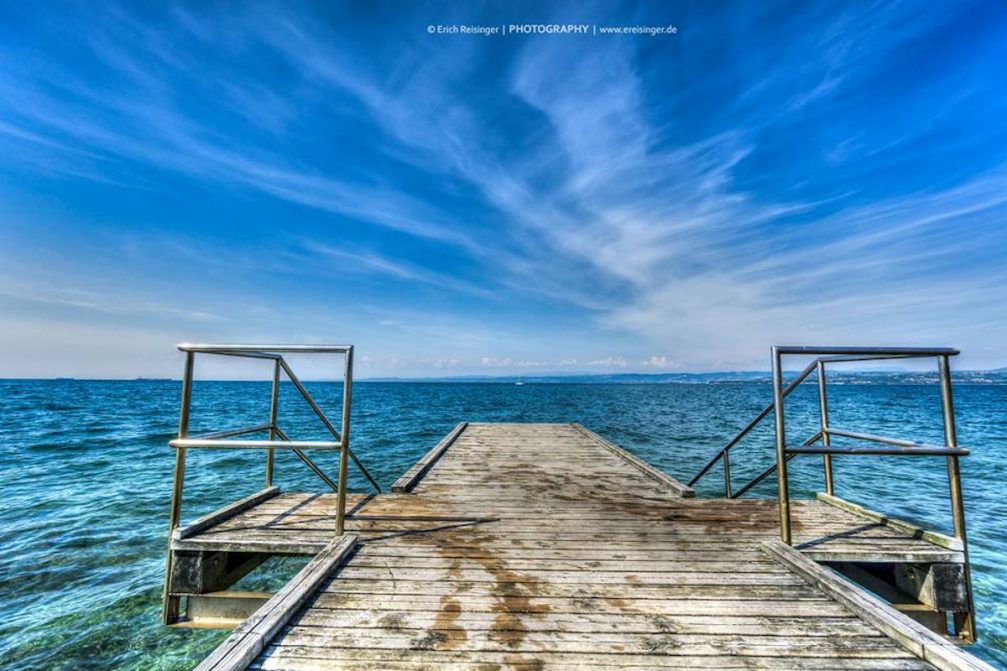 A view of the Adriatic Sea from a wooden dock in Izola, Slovenia