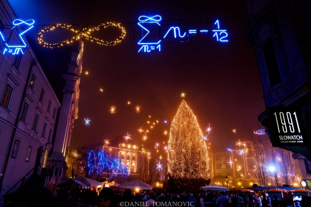 Preseren Square in Ljubljana's Old Town adorned with Christmas lights