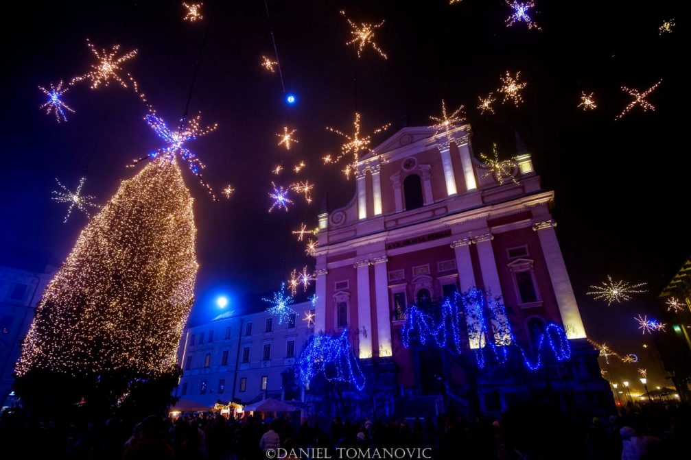 Franciscan Church of the Annunciation on the Preseren Square in Ljubljana adorned with Christmas lights