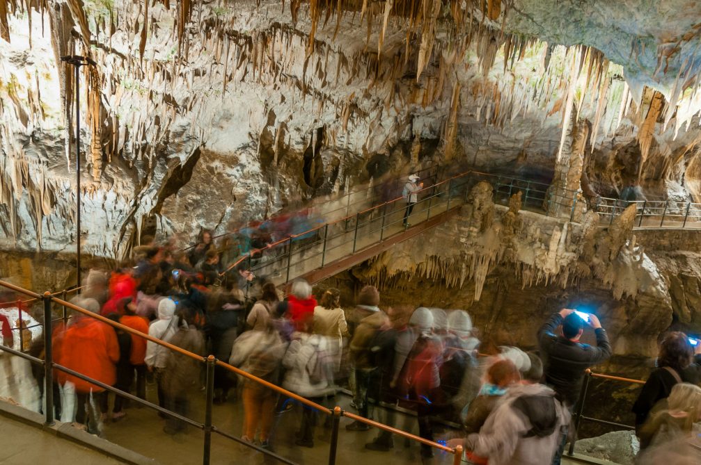 A group of tourists inside the Postojna Cave