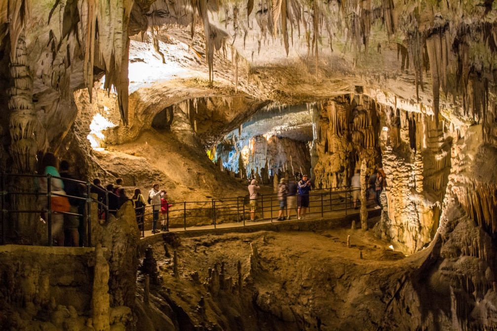 Stalactites and stalagmites inside Postojna Caves in Slovenia