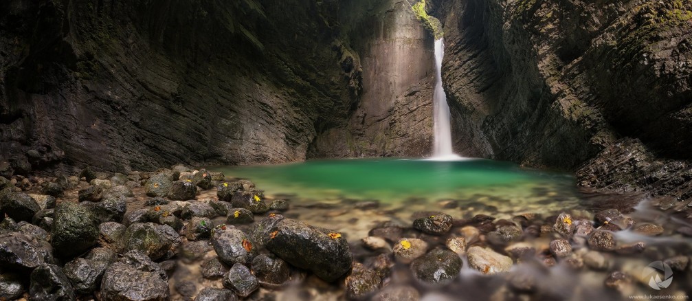 Kozjak waterfall with an amazing emerald green pool at its base, Kobarid, Slovenia