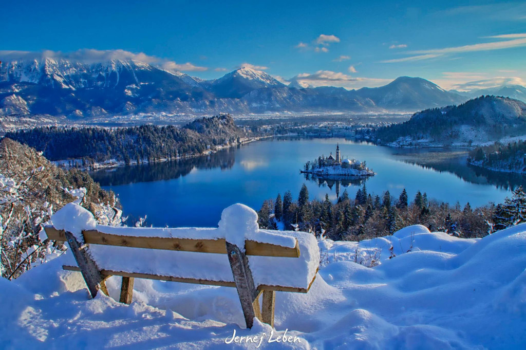 Elevated view of Lake Bled from Ojstrica in winter