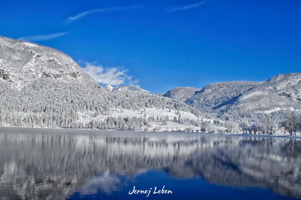 Lake Bohinj in Slovenia in winter with lots of snow