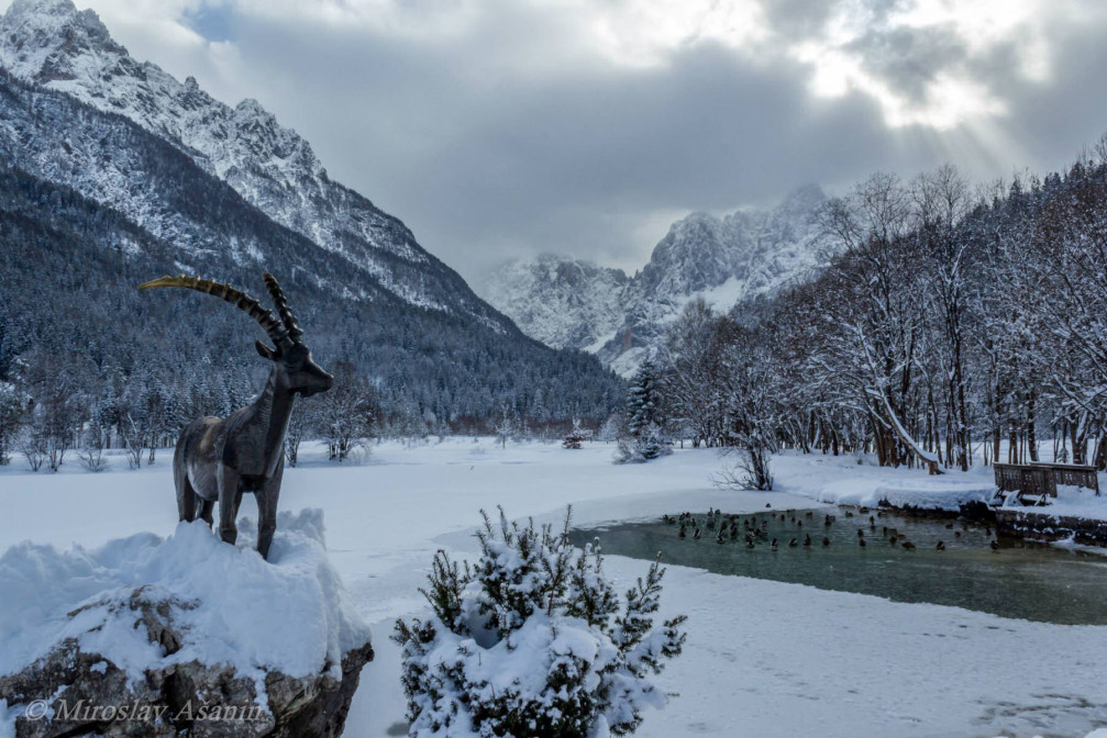 Lake Jasna in winter with a thick layer of snow covering the lake