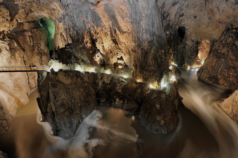 The bridge over the underground canyon inside Skocjan Caves in Slovenia
