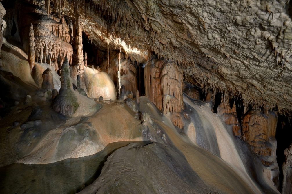 Stalagmites and stalactites rock formations in the Skocjan caves in Slovenia