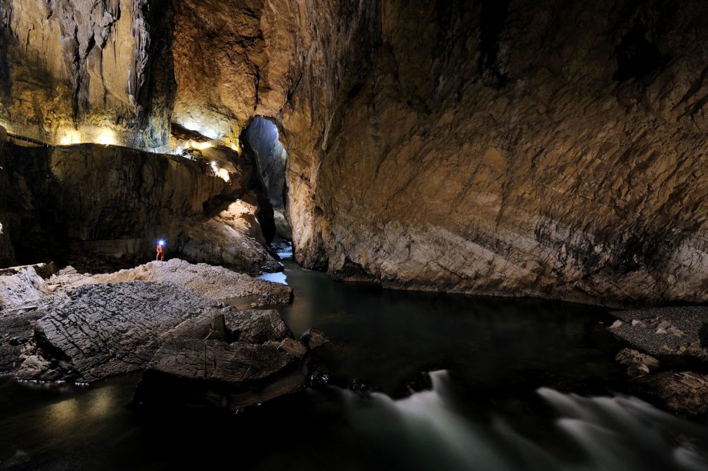 The underground canyon of the Reka river inside the Svetina's Hall in the Skocjan caves