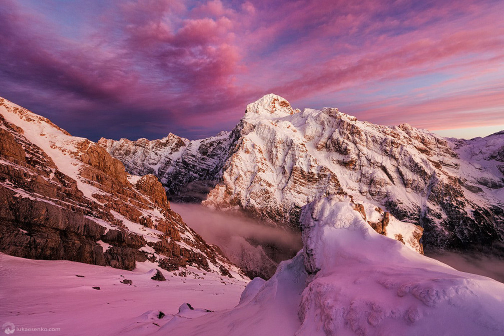 Slovenia's highest mountain peak Mount Triglav in Julian Alps at sunset in the winter