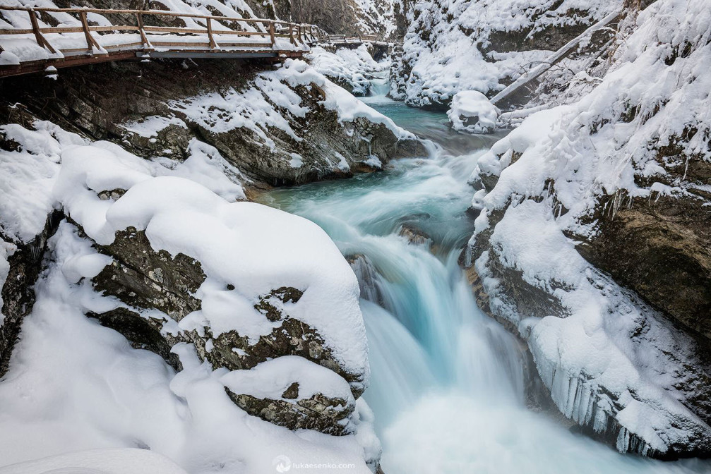 Vintgar Gorge in Slovenia looks beautiful draped in winter white with all the snow