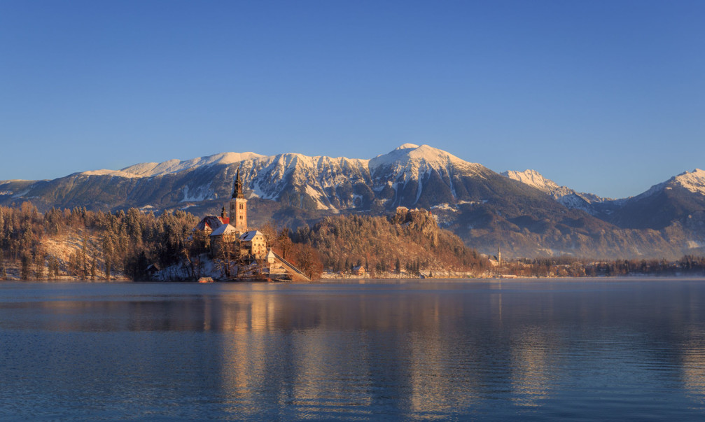 Bled Island, Bled Castle and the Karawanks mountain range in the background