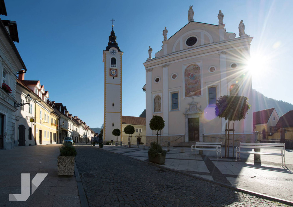 Church of the Immaculate Conception with its bell tower in Kamnik, Slovenia