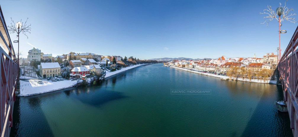 River Drava River winds through the city of Maribor, Slovenia