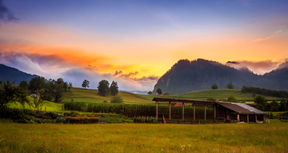 A hayrack on a farm in the village of Gorje near Lake Bled, Slovenia