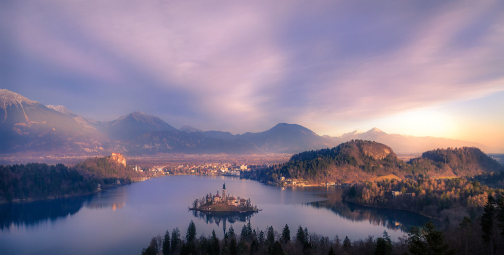 Postcard perfect view of Lake Bled from the Ojstrica mountain, Slovenia