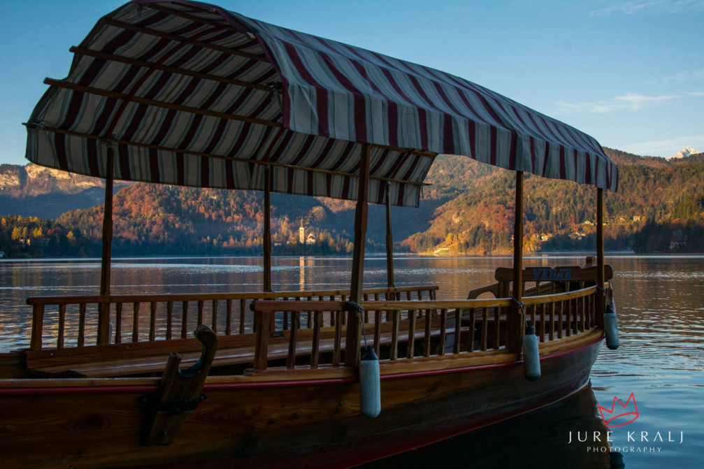 A Pletna boat on Lake Bled with Bled Island in the background