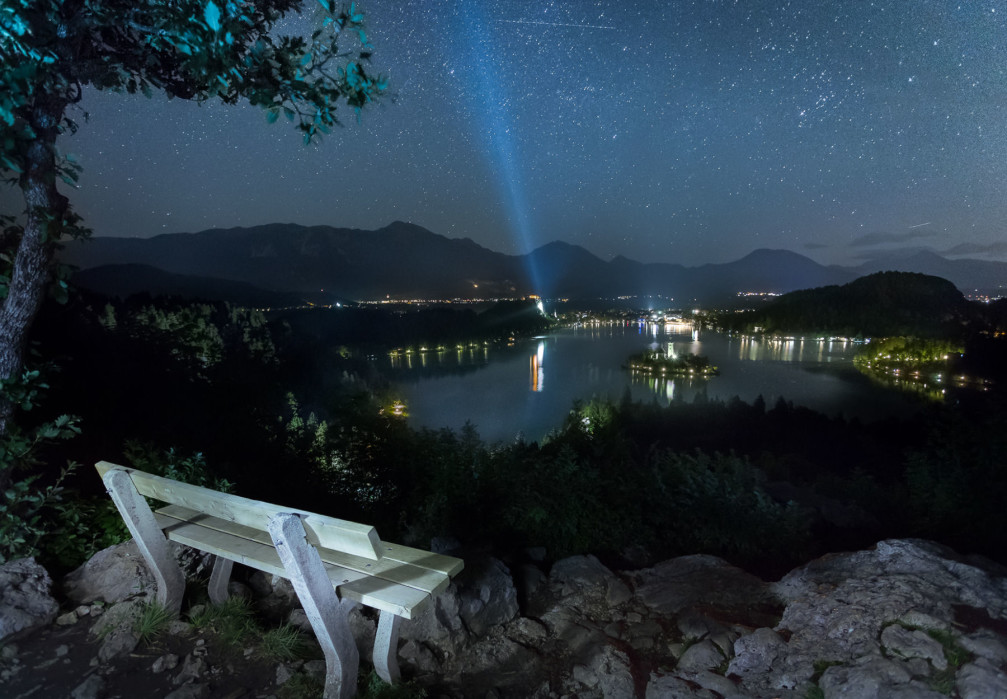 View of Lake Bled and the town of Bled at night