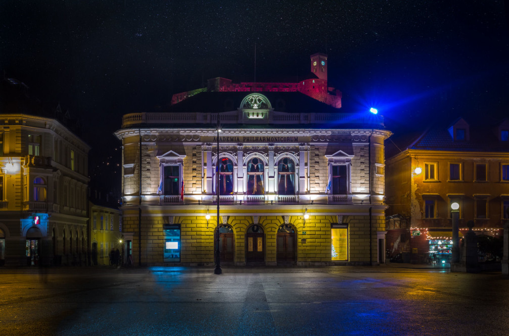 Night view of Ljubljana Castle from the Congress square, Ljubljana, the capital city of Slovenia