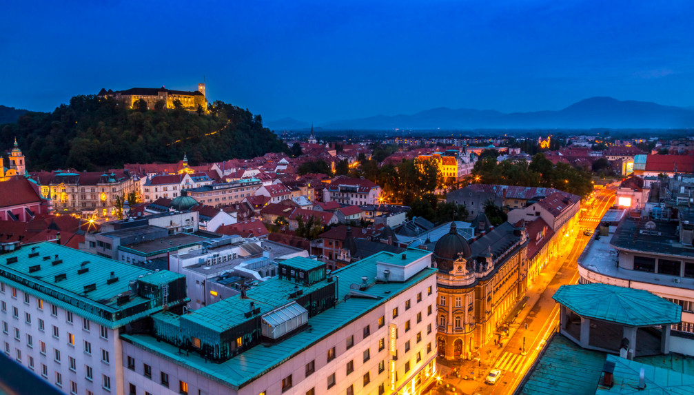 View of Slovenia's capital Ljubljana from the observation deck on top of the Neboticnik skyscraper