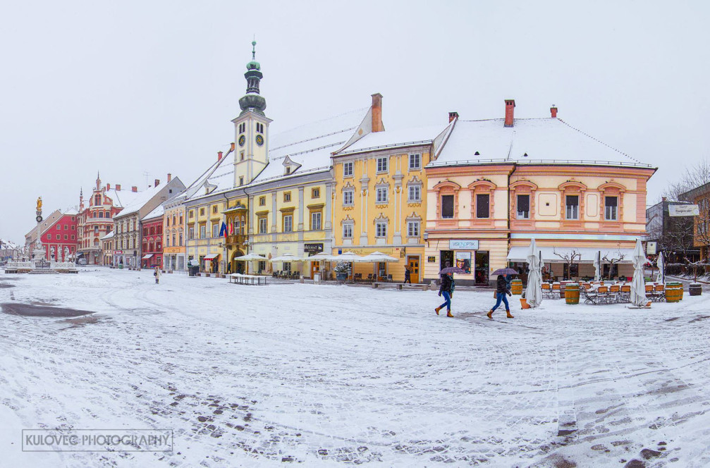 Main Square in Maribor, Slovenia in winter with snow