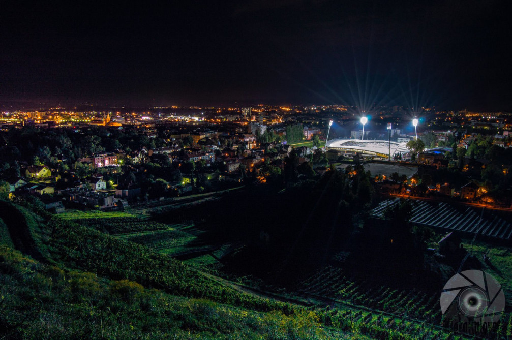 Night view of Maribor's famous Ljudski Vrt stadium from the Kalvarija hill