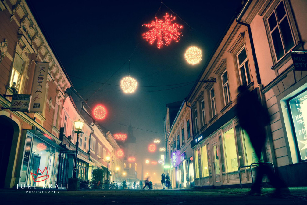 Pedestrianised central streets in Maribor, Slovenia, decorated with Christmas lights during the festive season in December