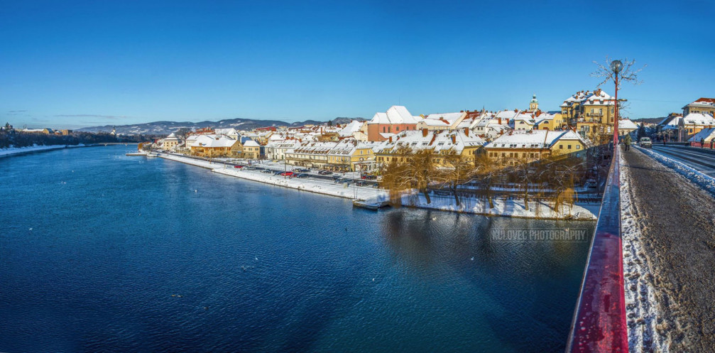 View of Maribor, Slovenia from the Old Bridge across the Drava river