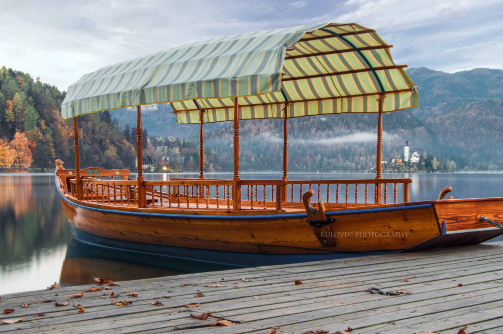 A traditional wooden boat, called Pletna in Lake Bled, Slovenia