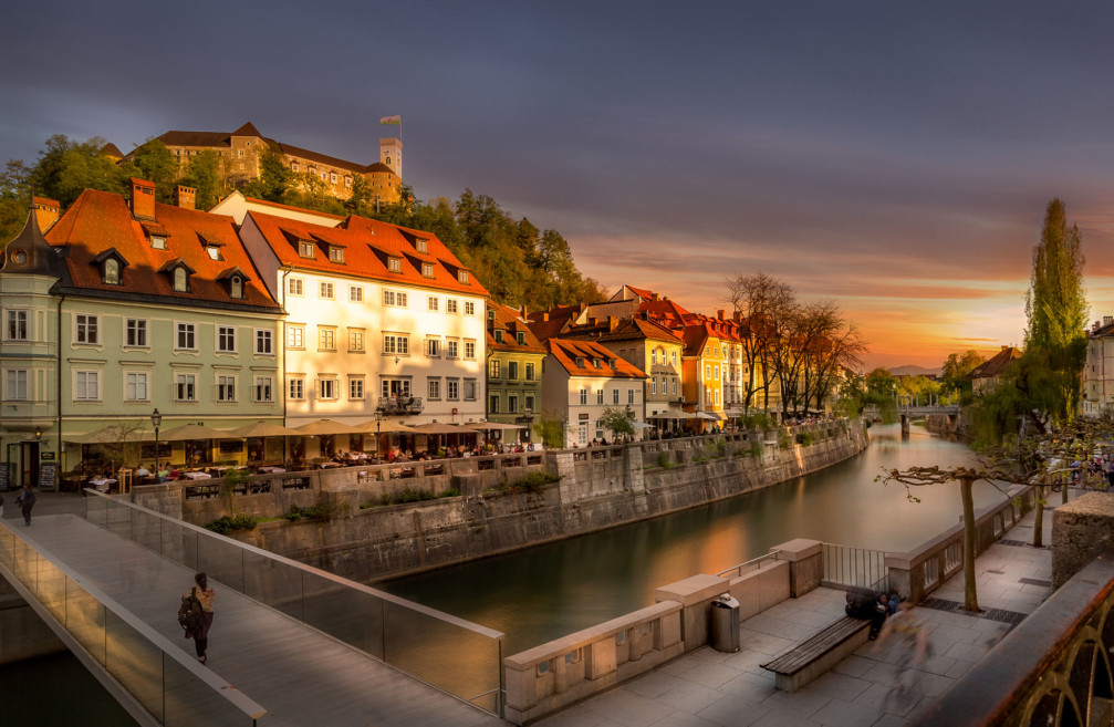 The glassy Ribja Brv footbridge in Ljubljana, the capital city of Slovenia