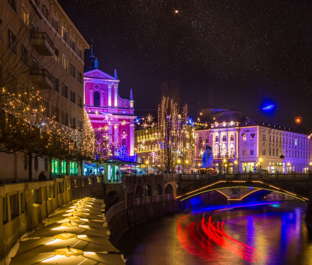 Ljubljana, the capital of Slovenia, adorned with Christmas lights and decorations