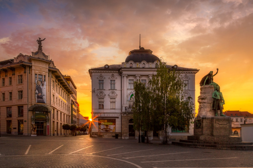 Preseren Square with a statue of the Slovene national poet in Ljubljana Old Town, Slovenia