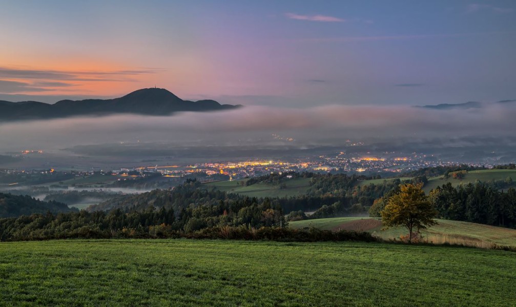 Town of Slovenska Bistrica as seen from the Pohorje massif, Slovenian Styria, Slovenia