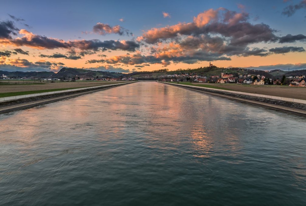 The Drava River at Zrkovci, a village and a suburb of Maribor in northeastern Slovenia