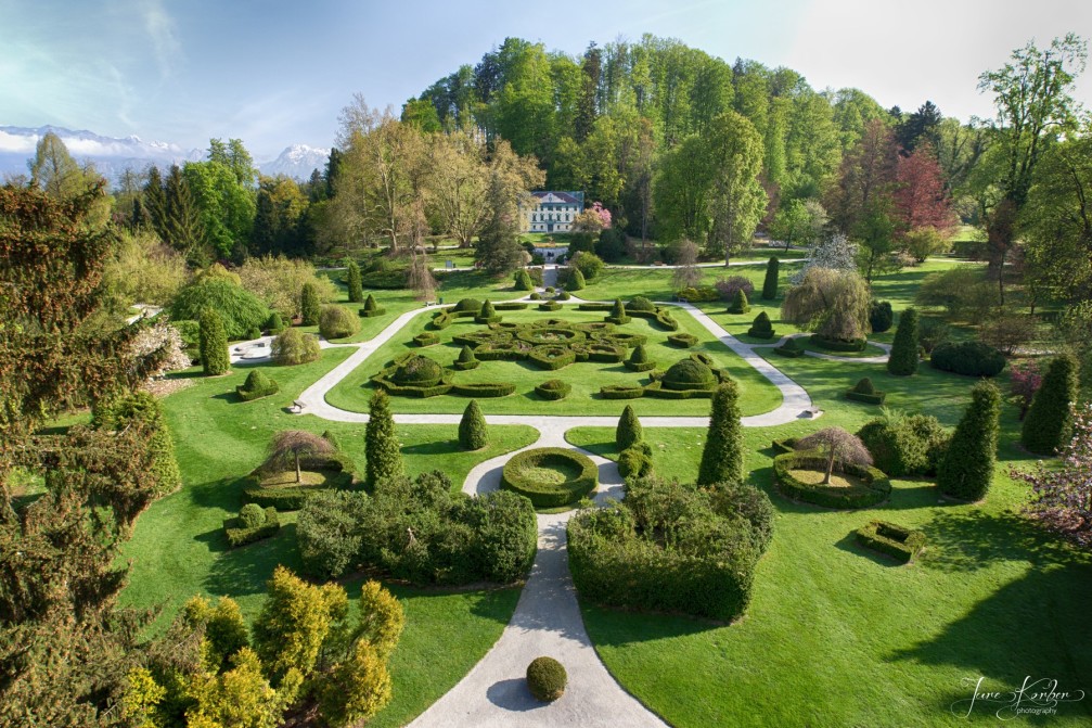 Aerial autumn view of the French park in the Arboretum Volcji Potok botanical garden in Slovenia