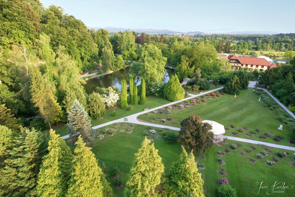 Aerial view of Arboretum Volcji Potok, the largest and most beautiful botanical garden in Slovenia