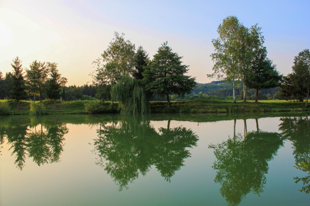 Blato Pond with beautiful reflections in calm water, Trebnje, Slovenia