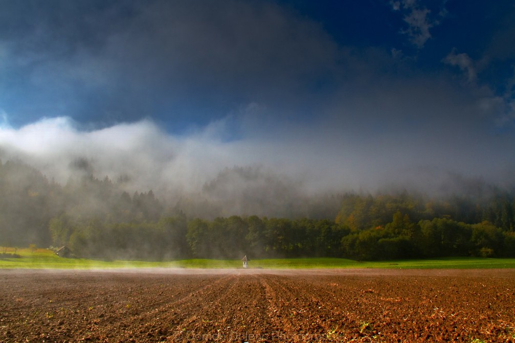 Agricultural landscape in the Selska valley in Slovenia with fresh plowed field