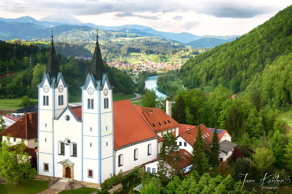 Aerial view of the Church of the Mother of God in Nazarje, Slovenia