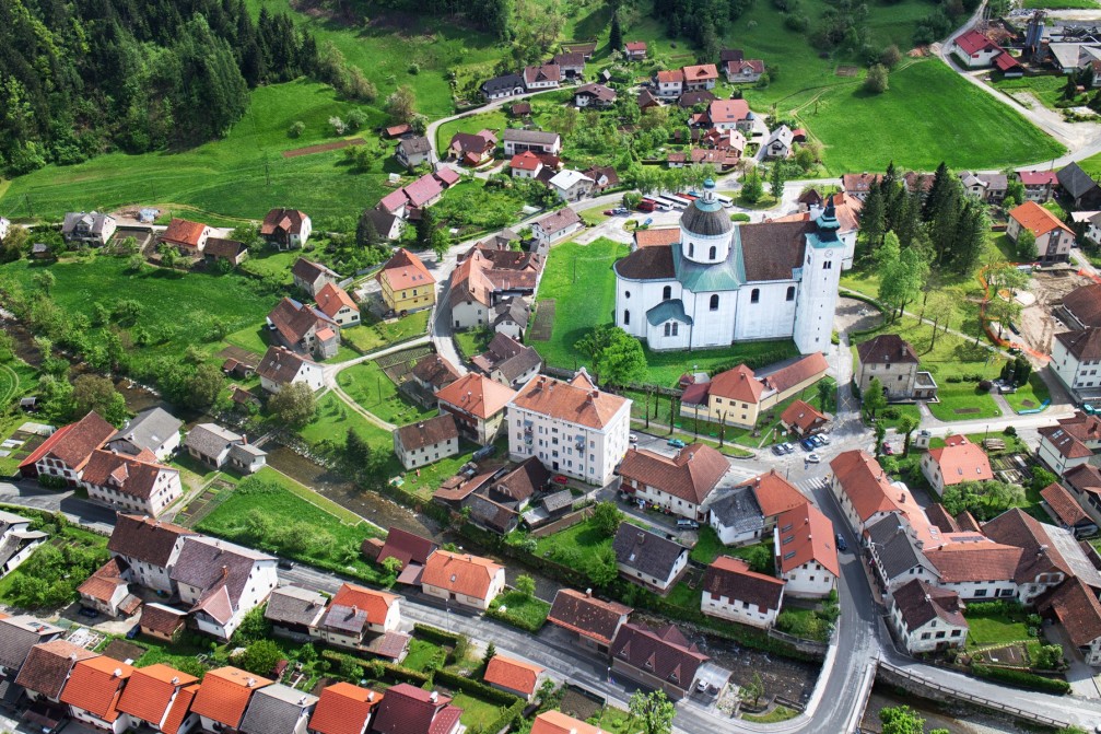 Aerial view of Gornji Grad, Slovenia with its baroque cathedral of Saints Hermagor and Fortunat