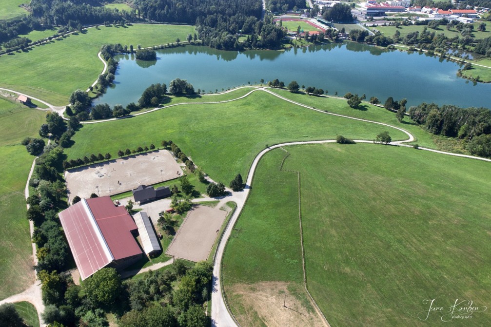 Aerial view of the Velenje Horse Riding Club located near Lake Skalsko Jezero, Slovenia