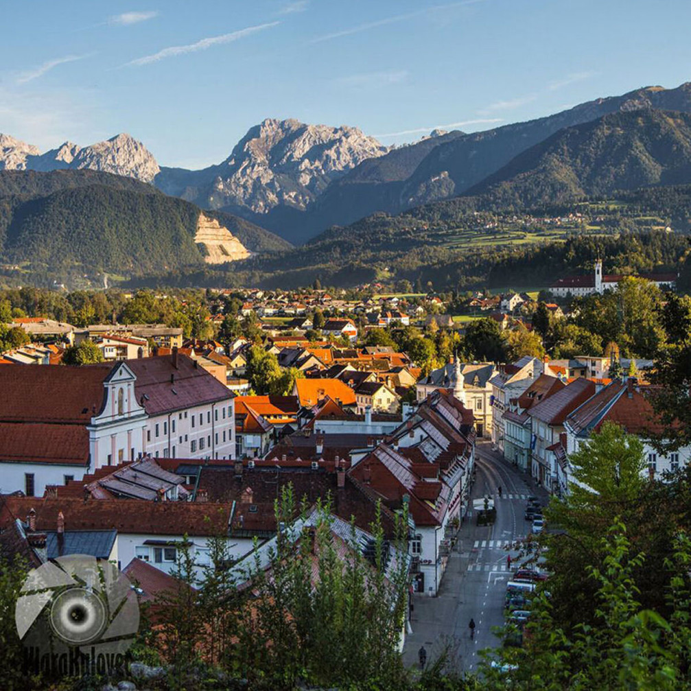 The town of Kamnik, Slovenia with the mountains of the Kamnik Savinja Alps in background