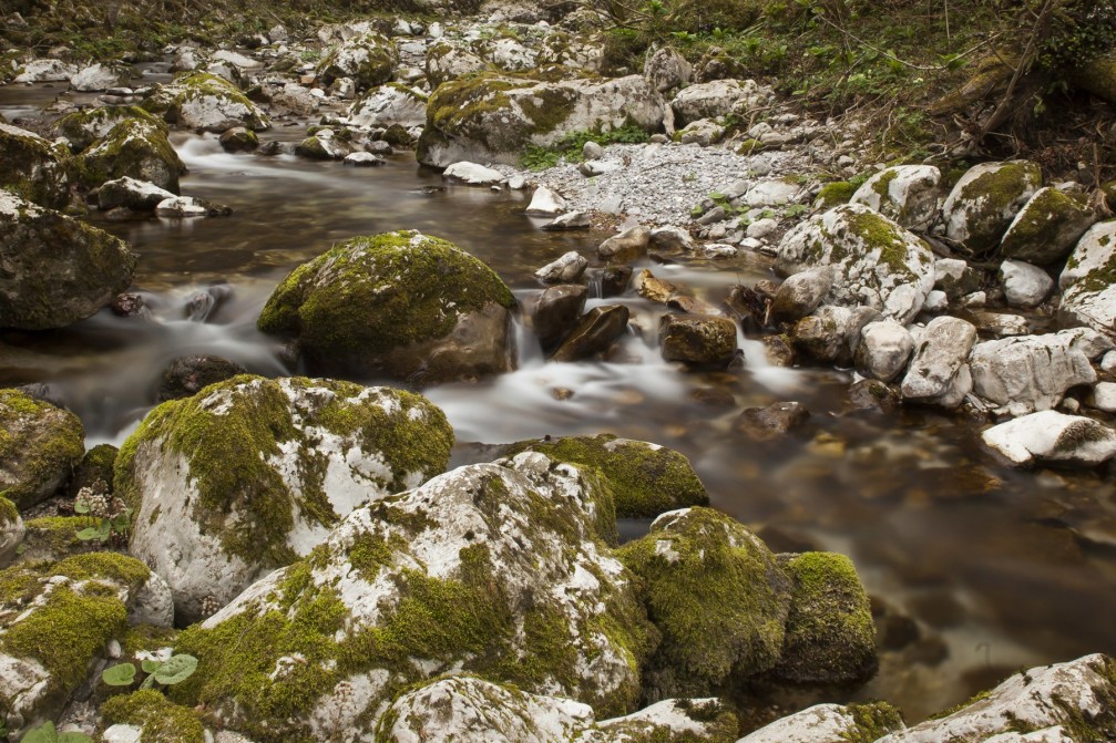 Kozjak stream cascading down over the rocks in the Kobarid area in Slovenia
