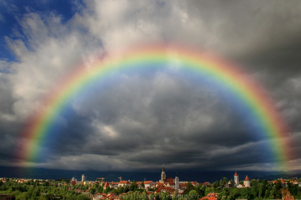 Perfect rainbow over Kranj, the capital of the Gorenjska region and fourth largest city in Slovenia