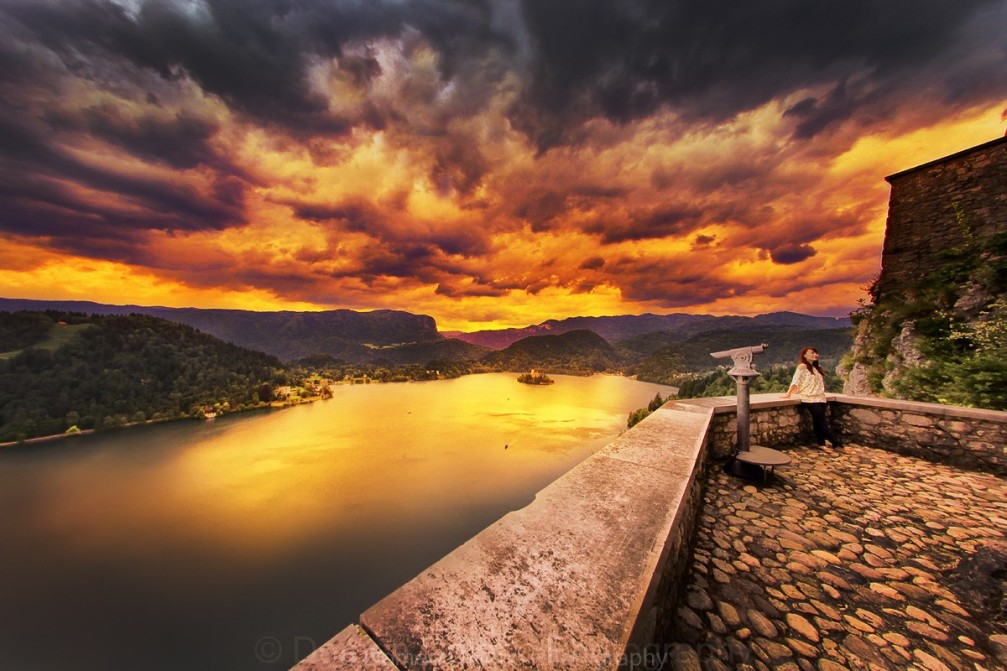 View of Lake Bled from at sunset